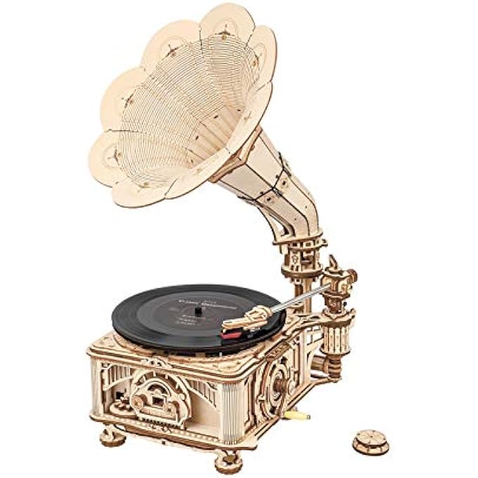 3D WOODEN PUZZLES GRAMOPHONE FOR ADULTS - DIY MECHANICAL MODEL KIT 1:1 REPLICA RECORD PLAYER SUPPORT 7"/10" VINYL BUILDING GIFT HOBBIES FOR ADULTS HOME DECOR - Image 1